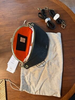 NWT Laflore Paris Black cork Crossbody Waist Bag with Orange Lining